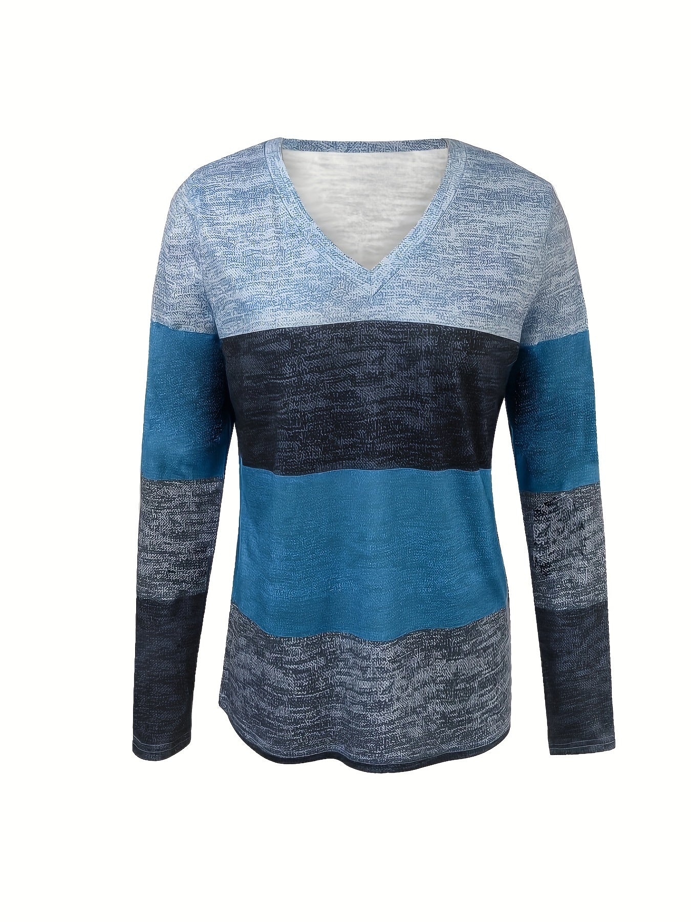 Color Block V Neck T-Shirt, Casual Long Sleeve Top For Spring & Fall, Women's Clothing