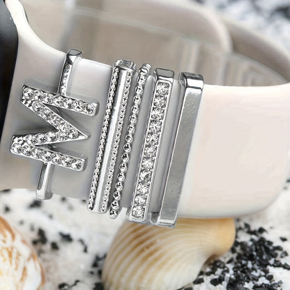 Hot 2024 New Shiny Alphabet Initial Letter Watchband Ring Loops, Luxury Rhinestone Watch Strap Charms Decorations 5pcs Alphabet Initial Letter Watchband Rings Loops Compatible With Watch Samsung Garmin Smartwatch (A-Z)