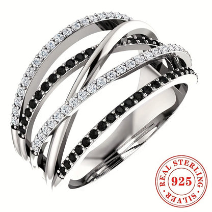 Elegant Women'S 925 Sterling Silvery Ring With Sparkling zirconia - Vintage-Inspired Multi-Layer Design, Perfect For Weddings & Parties