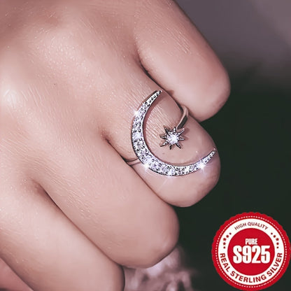 925 Sterling Silver Starry Sky Moon Surround Design Open Ring Plated With Dazzling Zirconia Adjustable Open Ring, Women's Jewelry Gift