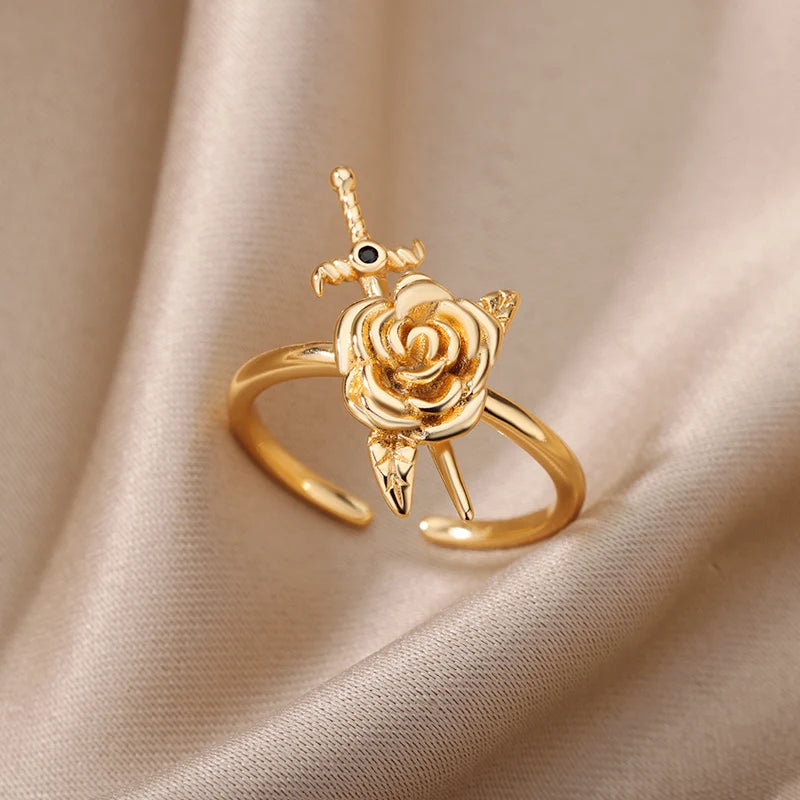 Vintage Rose Flower Sword Pendants Rings For Women Stainless Steel Romantic Flower Finger Ring 2022 Wedding Couple Jewelry Gift