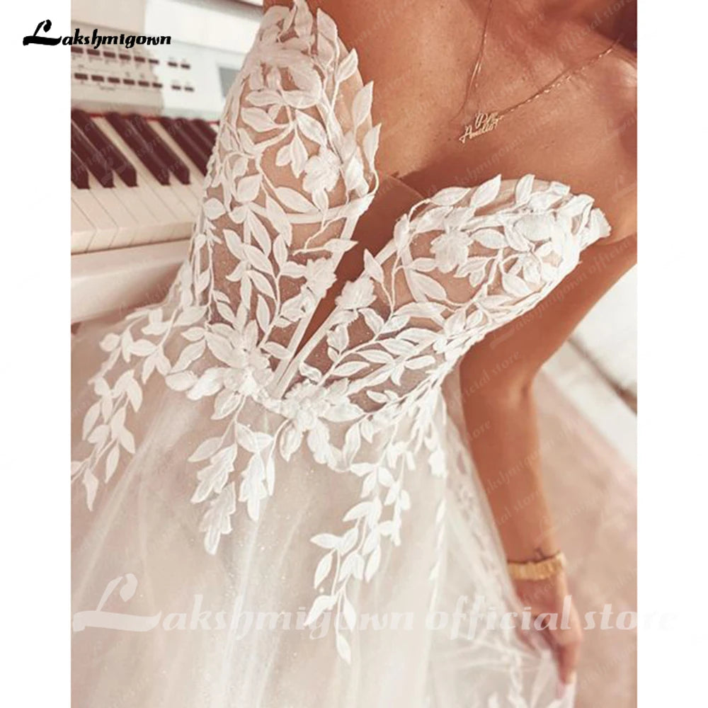 Lakshmigown Lace Appliques Sweetheart Glitter A Line Boho Wedding Dress 2024 Robe Femm Civil Beach Wedding Bridal Gowns Elegant