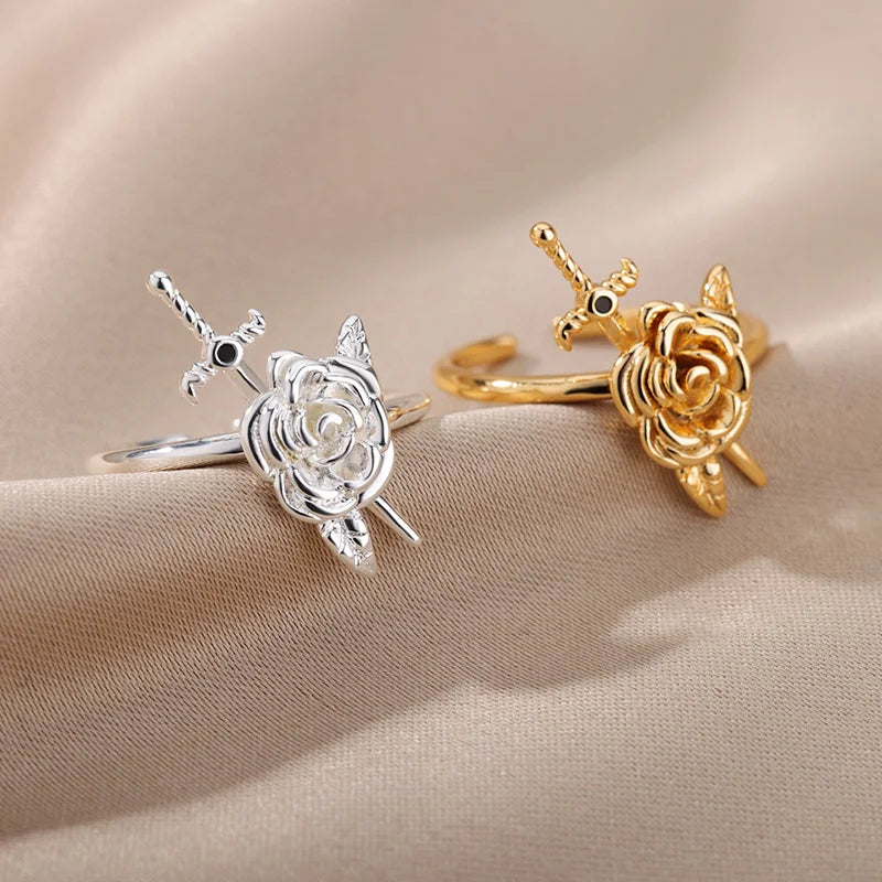 Vintage Rose Flower Sword Pendants Rings For Women Stainless Steel Romantic Flower Finger Ring 2022 Wedding Couple Jewelry Gift