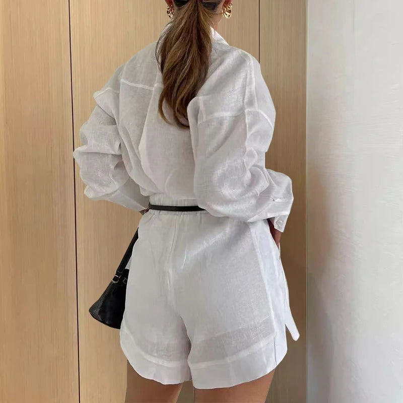 Women Long Sleeve 2 Pieces Sets Casual Simple Button Pockets Short Pant with Shirts Tops 2024 Summer Fashion Suit Female Outfits