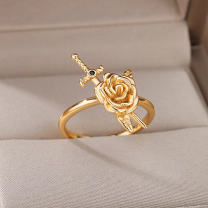 Vintage Rose Flower Sword Pendants Rings For Women Stainless Steel Romantic Flower Finger Ring 2022 Wedding Couple Jewelry Gift