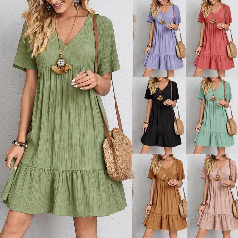 Solid V Neck A-Line Casual Loose Short Sleeve Mini Beach Dress