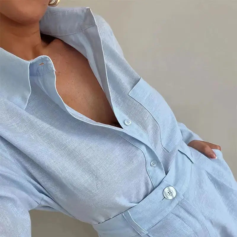 Women Long Sleeve 2 Pieces Sets Casual Simple Button Pockets Short Pant with Shirts Tops 2024 Summer Fashion Suit Female Outfits