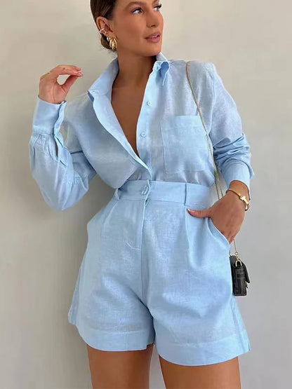 Women Long Sleeve 2 Pieces Sets Casual Simple Button Pockets Short Pant with Shirts Tops 2024 Summer Fashion Suit Female Outfits