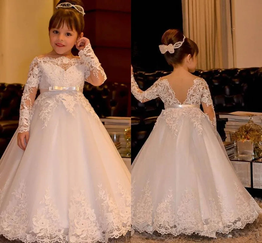 Flower Girl Dresses for Weddings Princess Lace Long Sleeve Backless Holy First Communion Gowns Party Pageant Dress For Girls