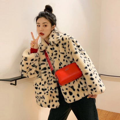 Plush jacket women winter short 2021 new Korean version of loose lamb wool faux fur leopard print fur coat women winter