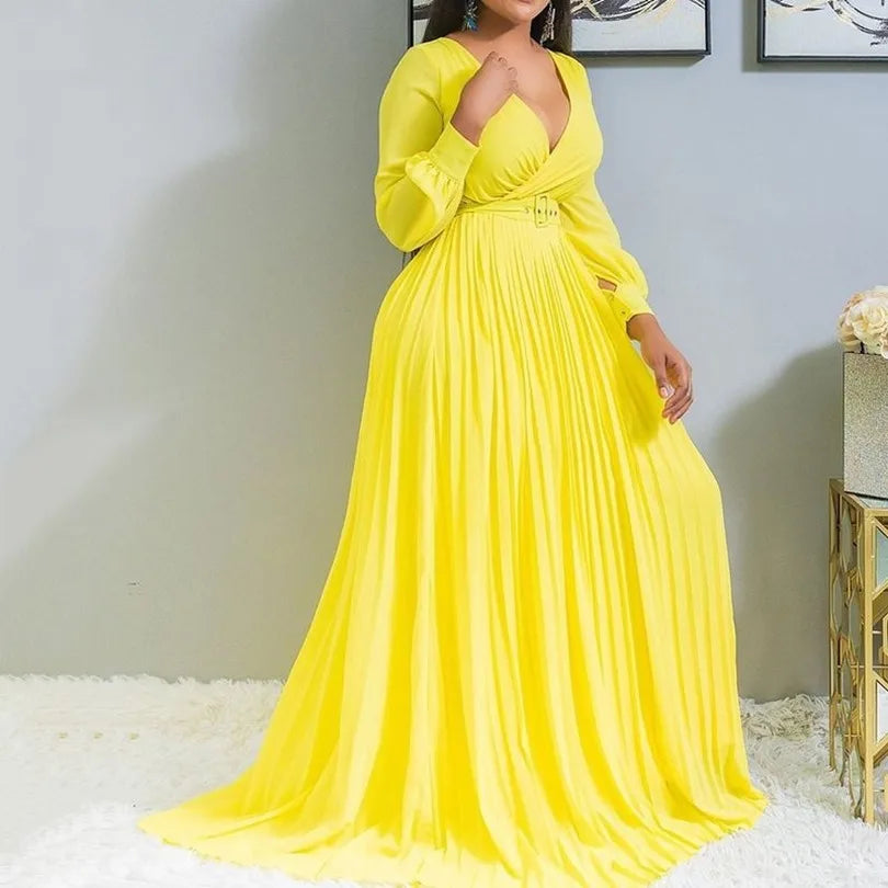 Sexy Yellow Plus Size Women Loose Long Dresses Pleated Plain Dinner Evening Party Vintage Female 2019 Autumn Maxi Dress 4XL 5XL