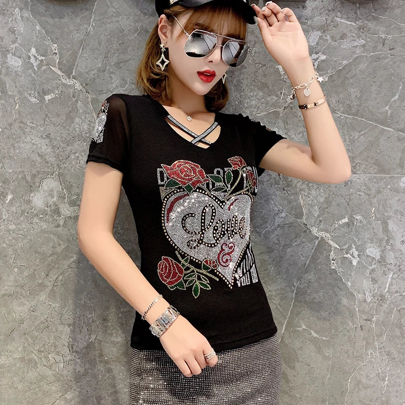 Fashion T-shirt  Diamonds Letter Rose