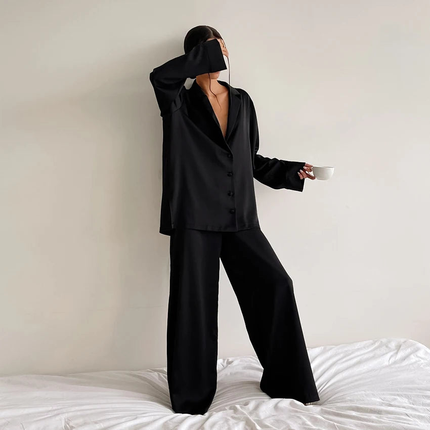 Hiloc Oversized Satin Silk Sleepwear Low Cut Sexy Pajamas For Women Single-Breasted Long Sleeves Wide Leg Pants Trouser Suits