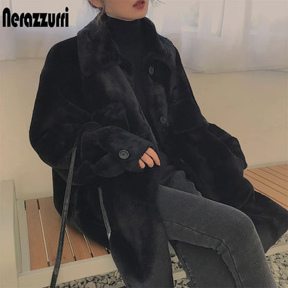 Nerazzurri Oversized warm soft furry faux fur coats for women long sleeve buttons Gray fluffy jacket Winter clothes women 2020