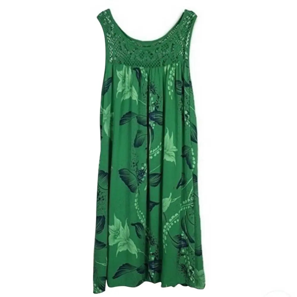 Elegant  Floral Printed Lace Stitching O-Neck Sleeveless Women Summer Loose Tank Dress