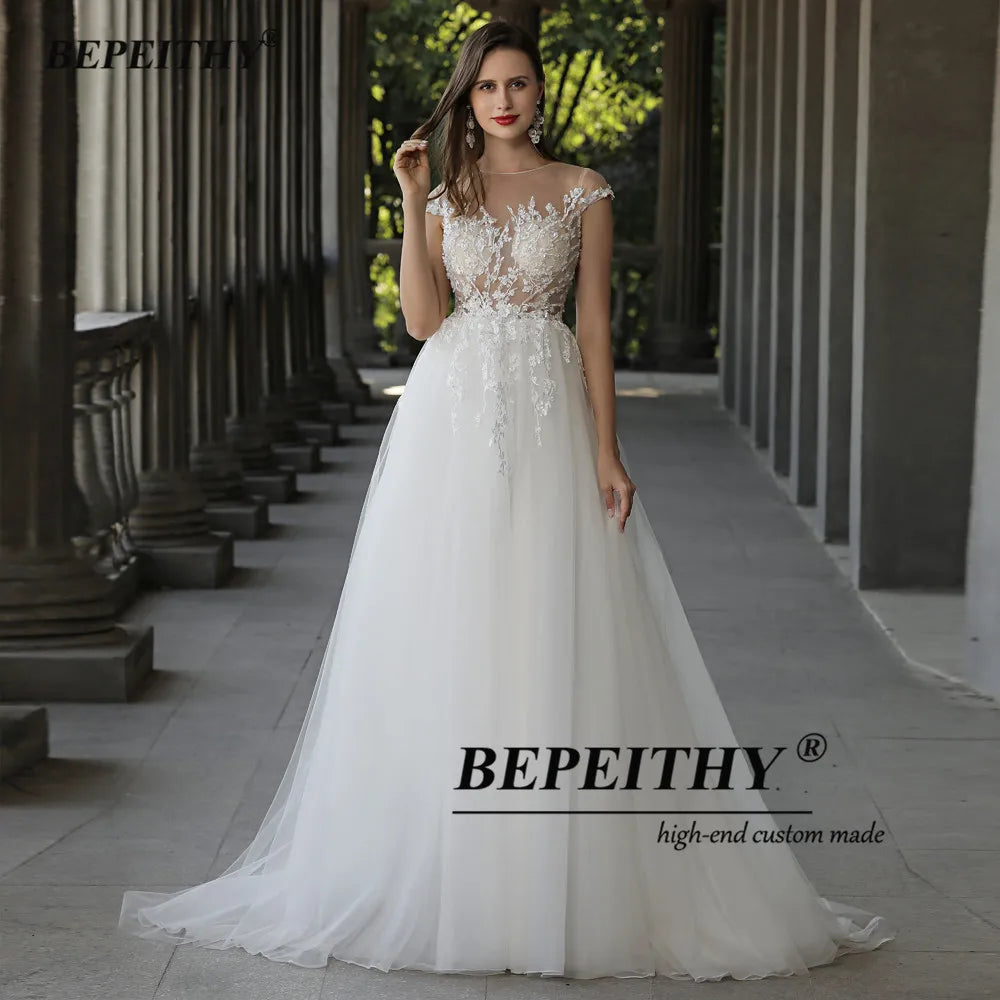 BEPEITHY Customized A Line Cap Sleeves Boho Wedding Dresses 2023 Vestidos De Novia O Neck Lace Bridal Beach Gown Suknia Slubna