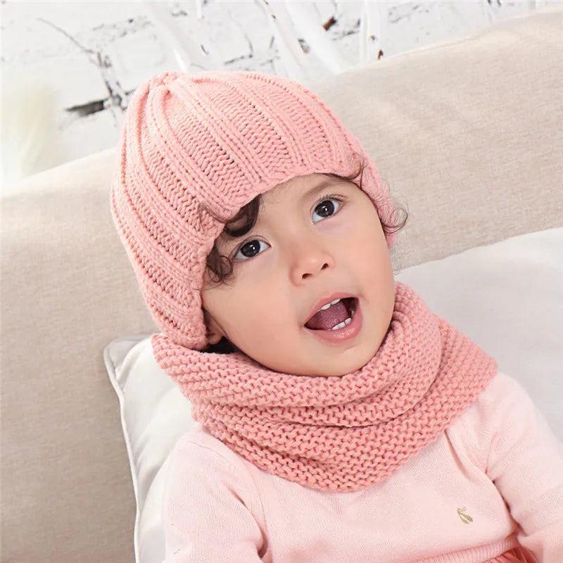 2024 NEW hat and scarf for children solid acrylic kids hat with a scarf knit girls boy hats scarves set winter accessories