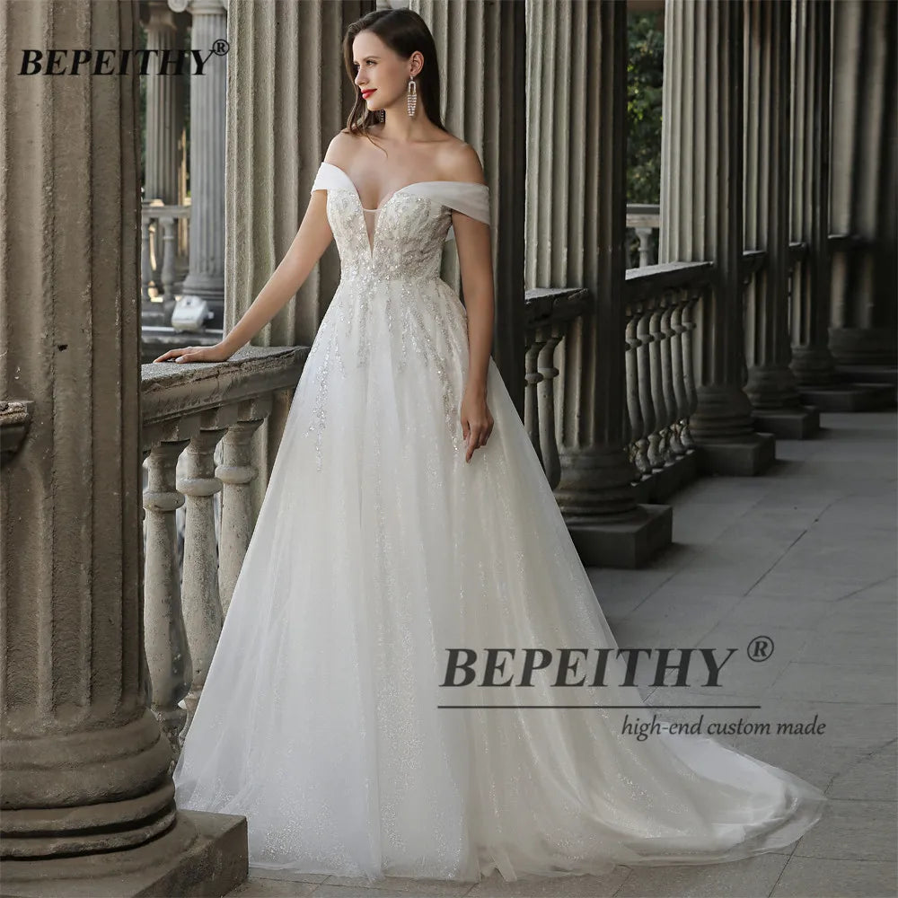 BEPEITHYCustomized Off The Shoulder Boho Wedding Dress For Women 2023 Bride A Line Chic Beading Bohemian Bridal Beach Gown Robes