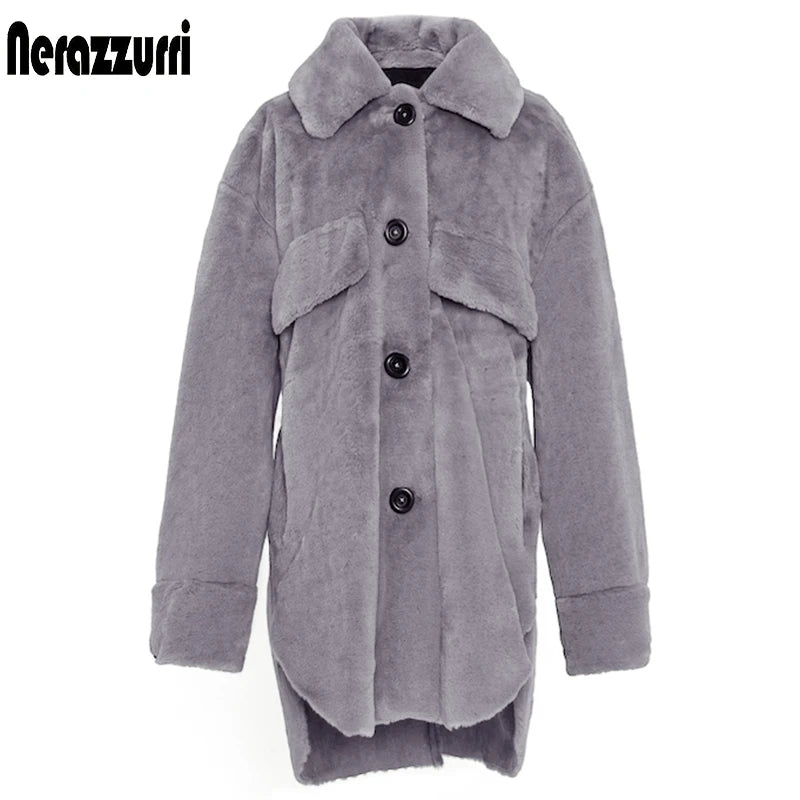 Nerazzurri Oversized warm soft furry faux fur coats for women long sleeve buttons Gray fluffy jacket Winter clothes women 2020