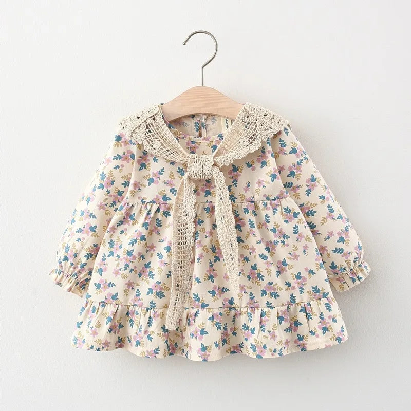 Spring newborn baby girl clothes floral long-sleeved dress for girls baby clothing 1 year birthday princess dress + lace shawl