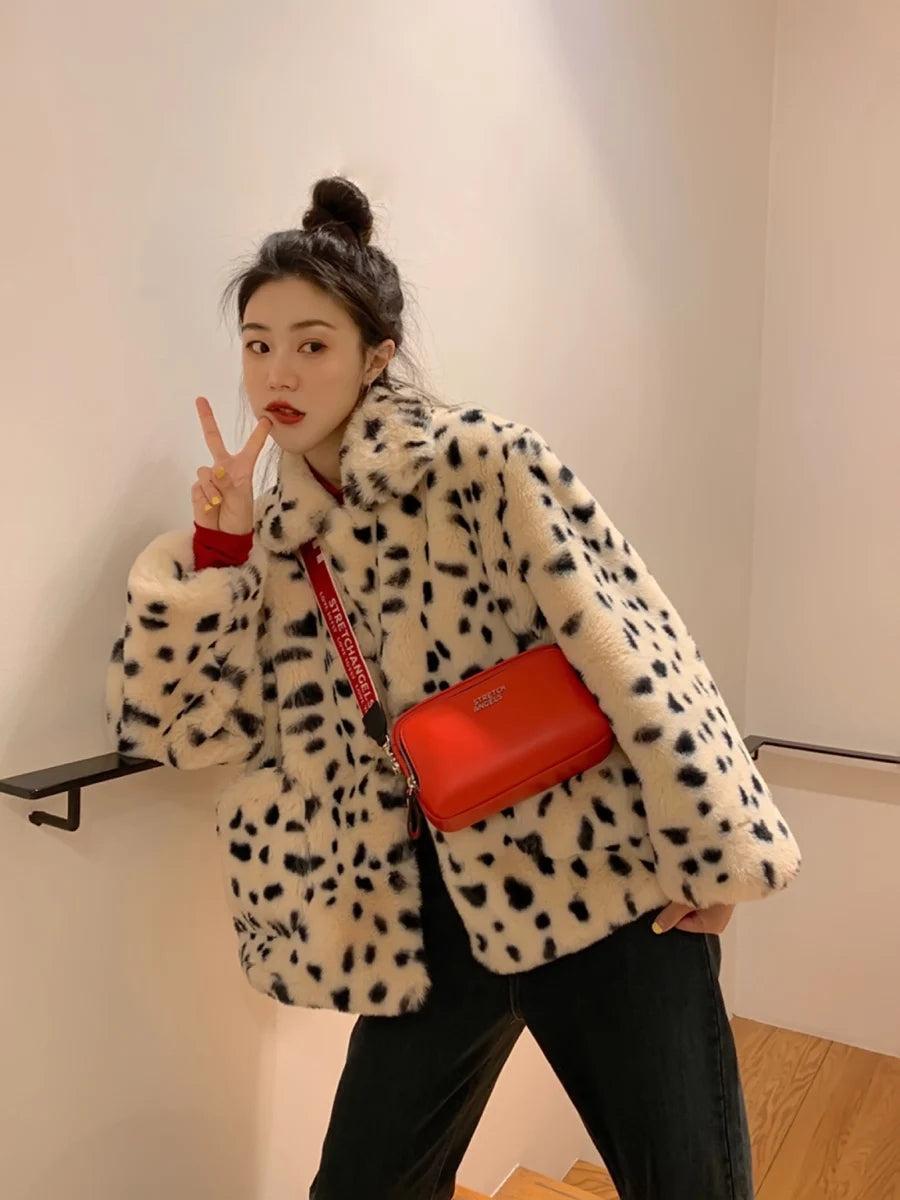 Plush jacket women winter short 2021 new Korean version of loose lamb wool faux fur leopard print fur coat women winter