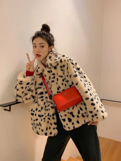 Plush jacket women winter short 2021 new Korean version of loose lamb wool faux fur leopard print fur coat women winter