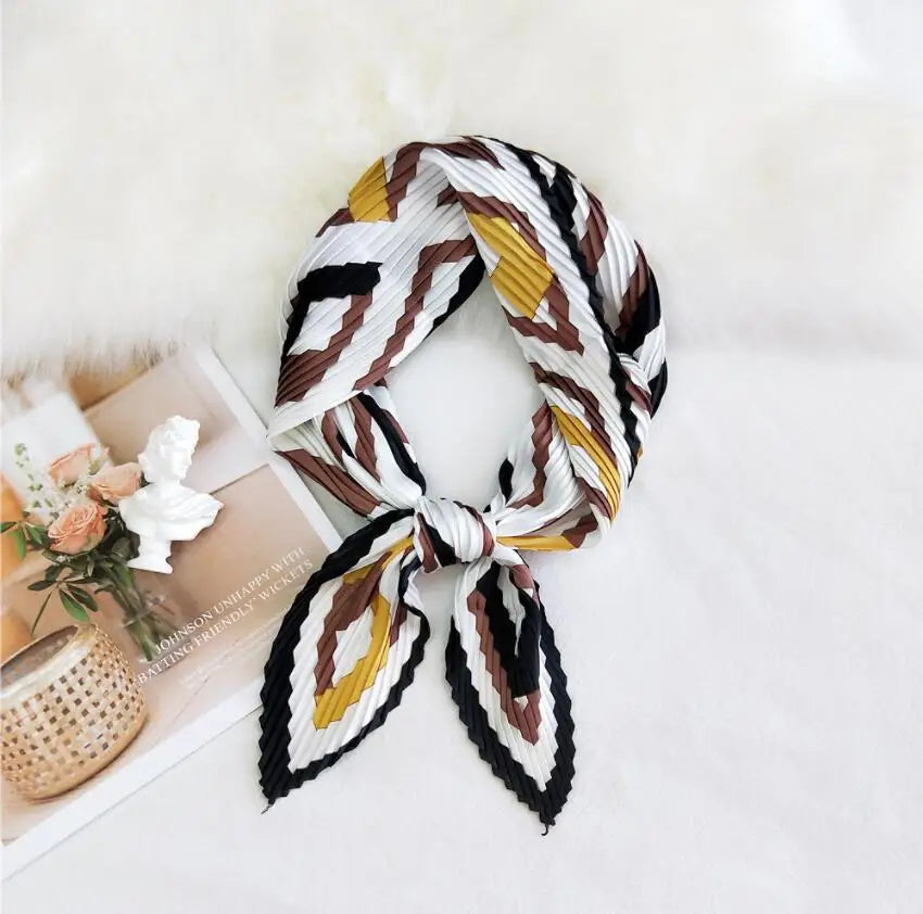 Summer Multifunction New Elegant Decorated Scarf for Women Small Pleated Neck Scarf Crinkle Pattern Silk Headwear 2021