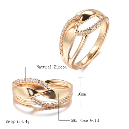 Kinel Trend 585 Rose Gold Color Wave Rings for Women Geometric Hollow Natural Zircon Ring Daily Easy Matching Fine Jewelry