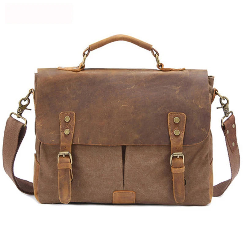 Vintage Leather + Canvas men briefcase Business bag Portfolio men office bag male canvas briefcase attache case document tote