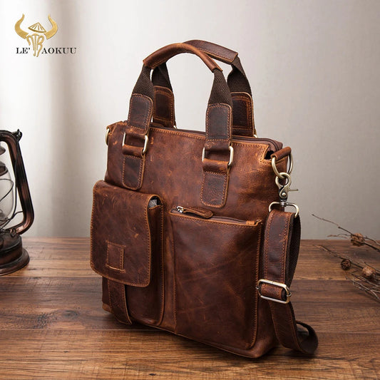 Men Quality Leather Antique Retro Business Briefcase 12" Laptop Case Attache Portfolio Tote Shoulder Messenger Bag B259