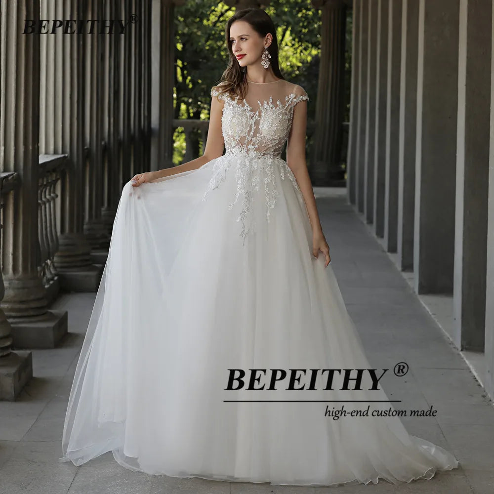 BEPEITHY Customized A Line Cap Sleeves Boho Wedding Dresses 2023 Vestidos De Novia O Neck Lace Bridal Beach Gown Suknia Slubna