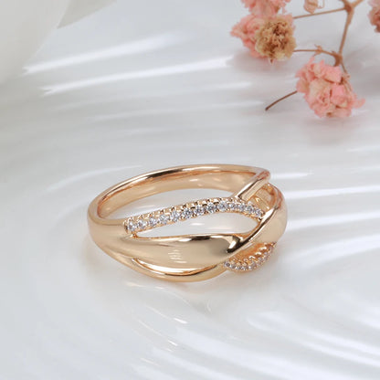 Kinel Trend 585 Rose Gold Color Wave Rings for Women Geometric Hollow Natural Zircon Ring Daily Easy Matching Fine Jewelry