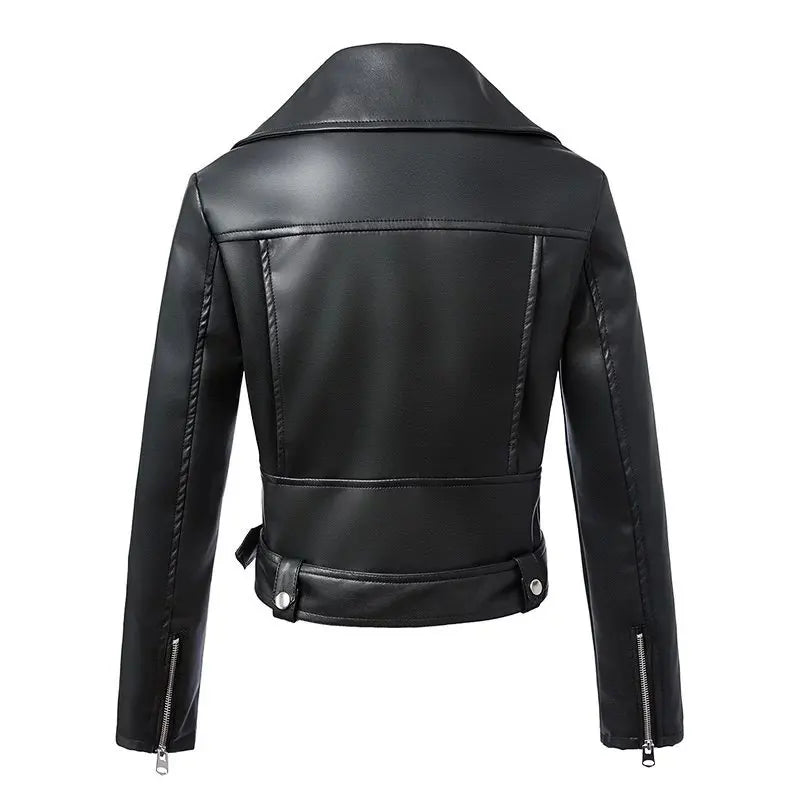 New Women Spring Autumn Black Faux Leather Jackets Zipper Basic Coat Turn-down Collar Motor Biker Jacket With Belt