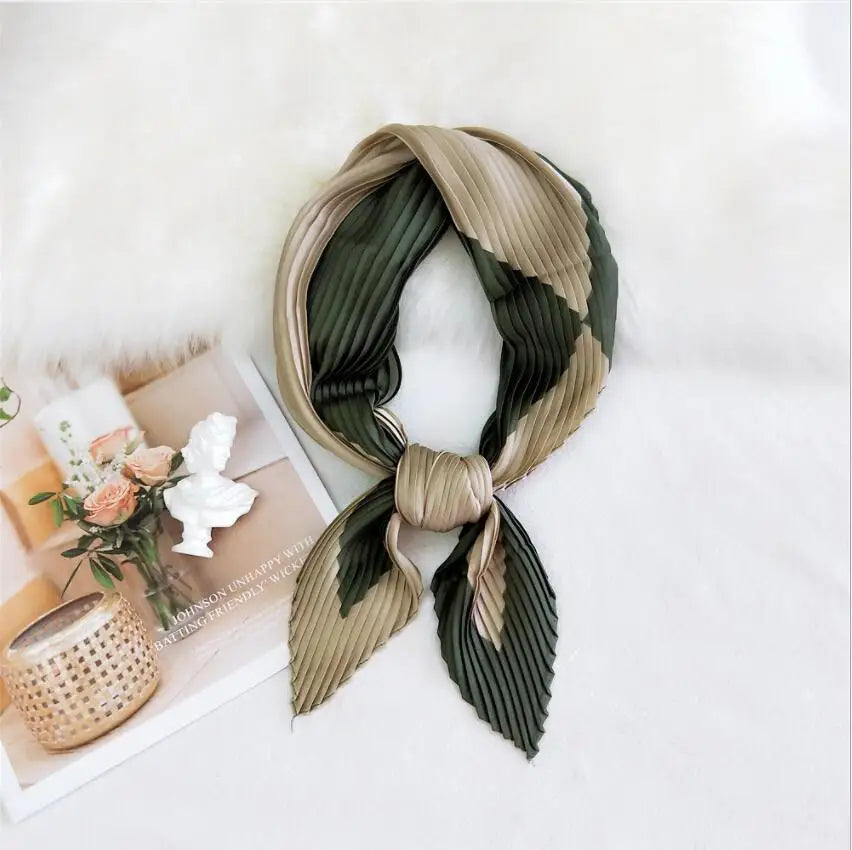 Summer Multifunction New Elegant Decorated Scarf for Women Small Pleated Neck Scarf Crinkle Pattern Silk Headwear 2021