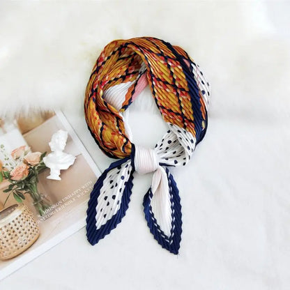 Summer Multifunction New Elegant Decorated Scarf for Women Small Pleated Neck Scarf Crinkle Pattern Silk Headwear 2021