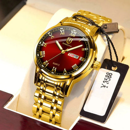 QINGXIYA Top Brand Luxury Gold Red Quartz Watch Men Stainless Steel Luminous Waterproof Watches Week Calendar Business Watch Men