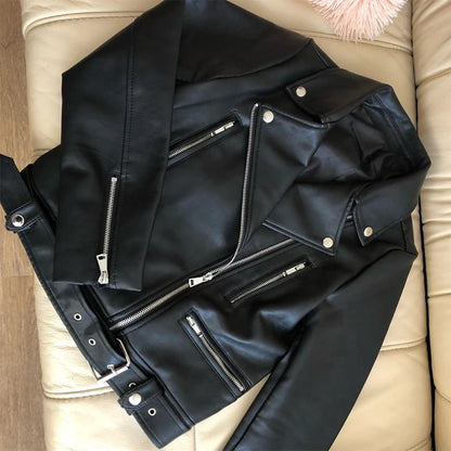 New Women Spring Autumn Black Faux Leather Jackets Zipper Basic Coat Turn-down Collar Motor Biker Jacket With Belt