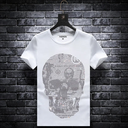 Plus Size 2024 Skull Rhinestones T Shirts Men Summer Clothes Short Sleeve Man Streetwear O Neck Slim Tshirts Calaveras Camiseta