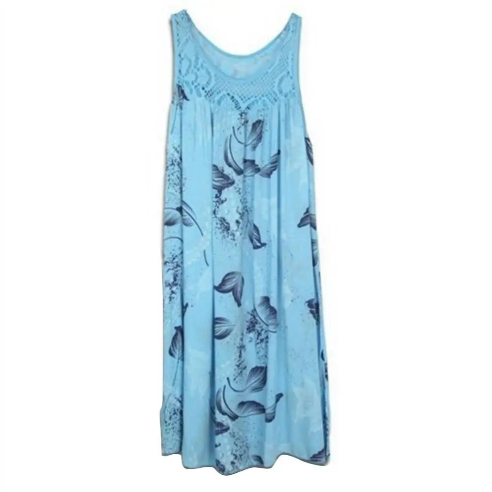 Elegant  Floral Printed Lace Stitching O-Neck Sleeveless Women Summer Loose Tank Dress