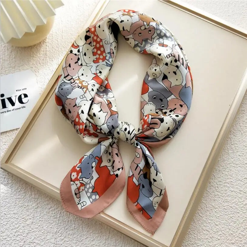 70x70cm Women Multifunction Polyester Silk Scarf Kawaii Cats Printed Casual Satin Animals Small Square Wraps Scarves Shawl 2021