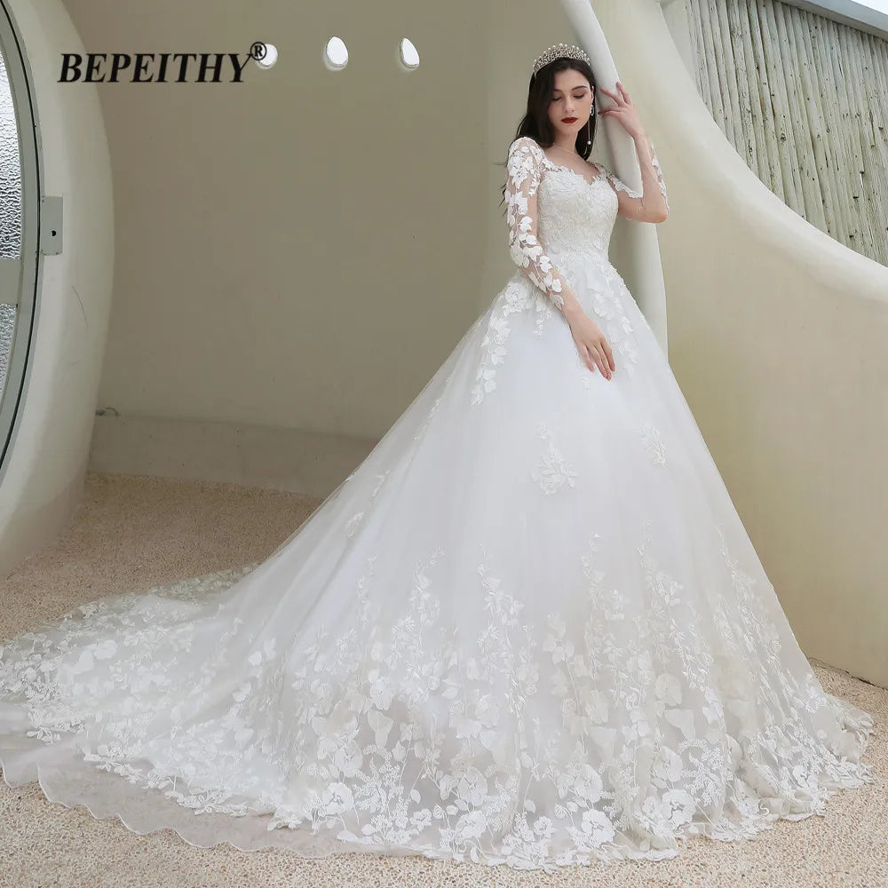 BEPEITHY Customized Lace Wedding Gowns For Women Long Sleeves France India Bride Princess Bridal Dresses 2022 Vestidos De Novia