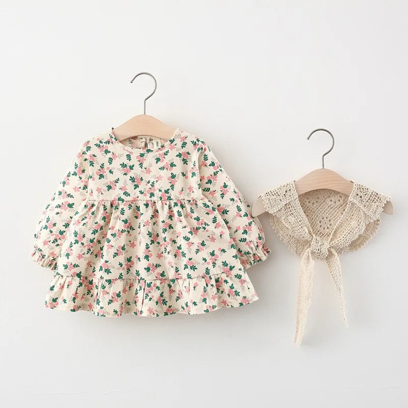 Spring newborn baby girl clothes floral long-sleeved dress for girls baby clothing 1 year birthday princess dress + lace shawl