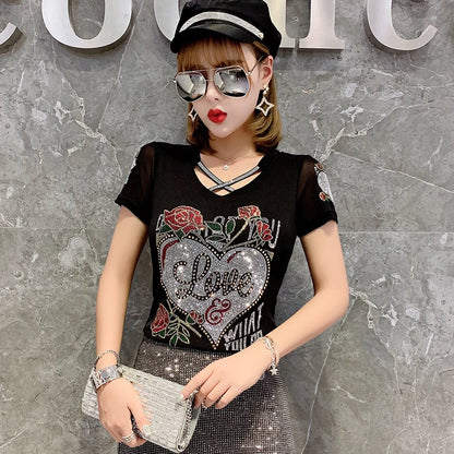 Fashion T-shirt  Diamonds Letter Rose