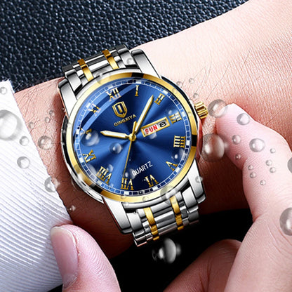 QINGXIYA Top Brand Luxury Gold Red Quartz Watch Men Stainless Steel Luminous Waterproof Watches Week Calendar Business Watch Men