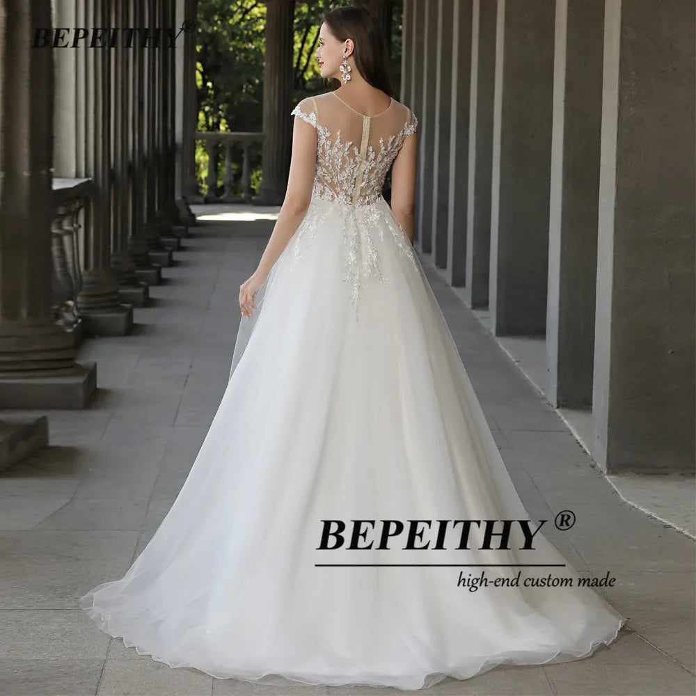 BEPEITHY Customized A Line Cap Sleeves Boho Wedding Dresses 2023 Vestidos De Novia O Neck Lace Bridal Beach Gown Suknia Slubna