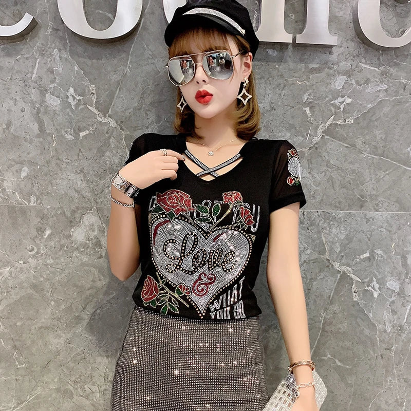 Fashion T-shirt  Diamonds Letter Rose