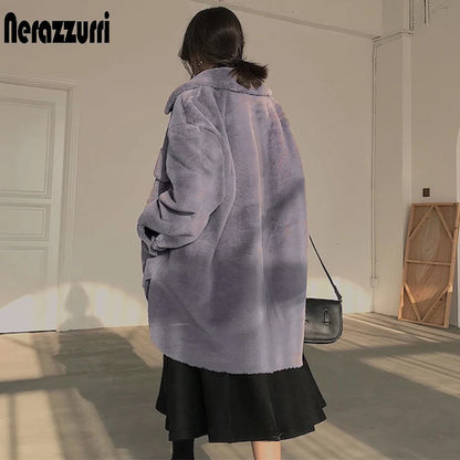 Nerazzurri Oversized warm soft furry faux fur coats for women long sleeve buttons Gray fluffy jacket Winter clothes women 2020