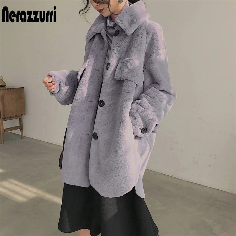 Nerazzurri Oversized warm soft furry faux fur coats for women long sleeve buttons Gray fluffy jacket Winter clothes women 2020