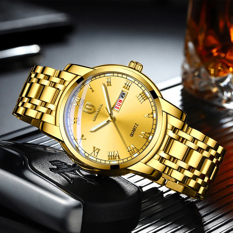 QINGXIYA Top Brand Luxury Gold Red Quartz Watch Men Stainless Steel Luminous Waterproof Watches Week Calendar Business Watch Men