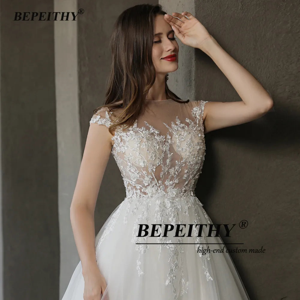 BEPEITHY Customized A Line Cap Sleeves Boho Wedding Dresses 2023 Vestidos De Novia O Neck Lace Bridal Beach Gown Suknia Slubna